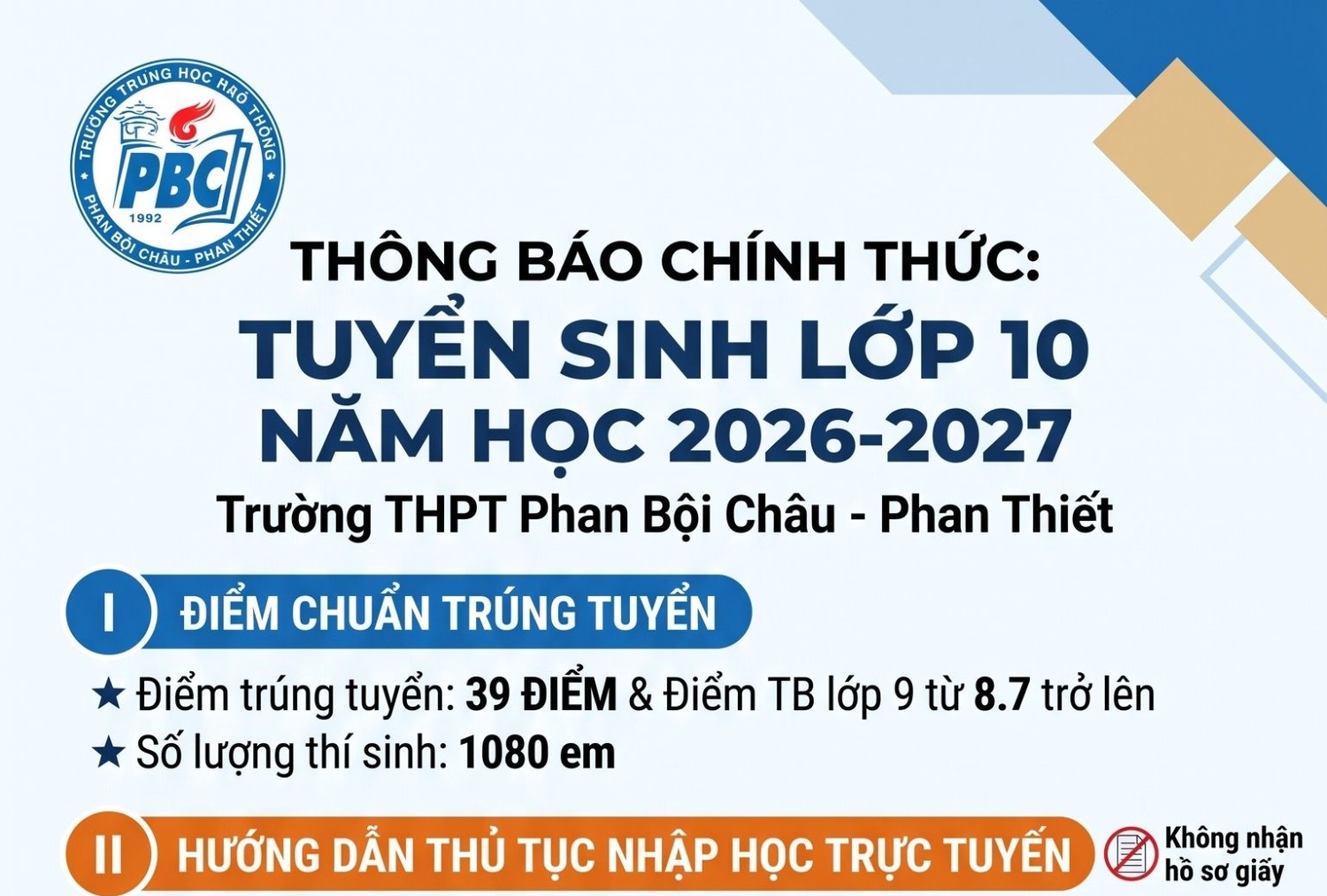 THÔNG BÁO VỀ VIỆC THU NHẬN HỒ SƠ LỚP 10 NĂM HỌC 2026 - 2027