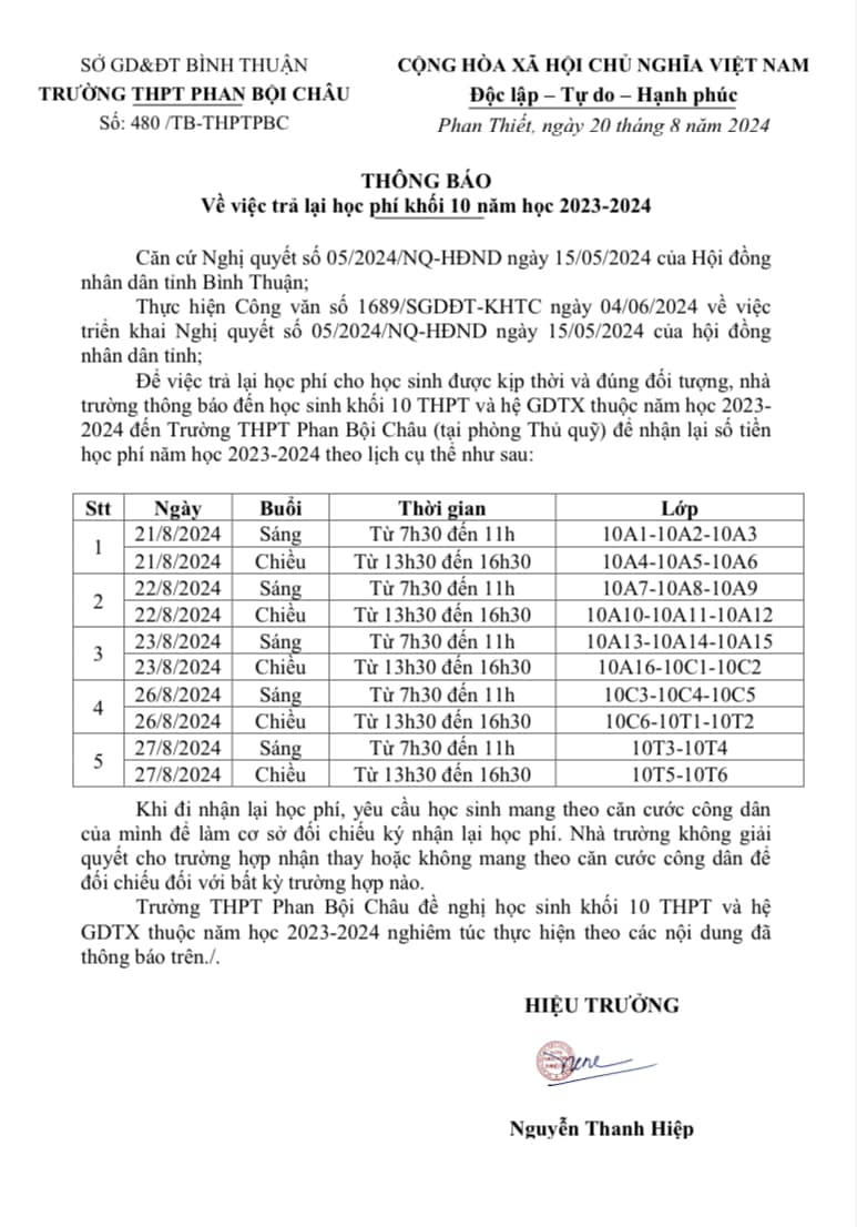 Thông báo trả học phí năm học 2023-2024